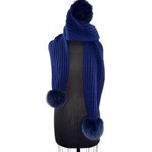 REGINA Italian Navy Blue Scarf Hood Hat Set Cashmere Wool Fur Pom Cable Knit NEW